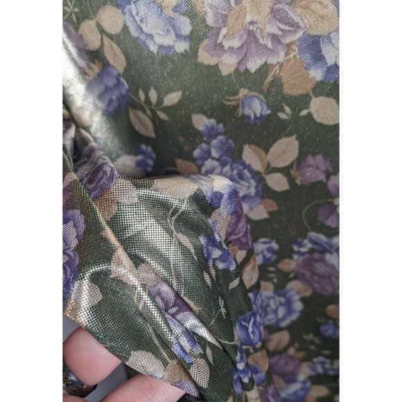 Shara Vintage Metallic Floral Slick Feel Button Up Blouse With Shoulder Pads - Picture 12 of 12